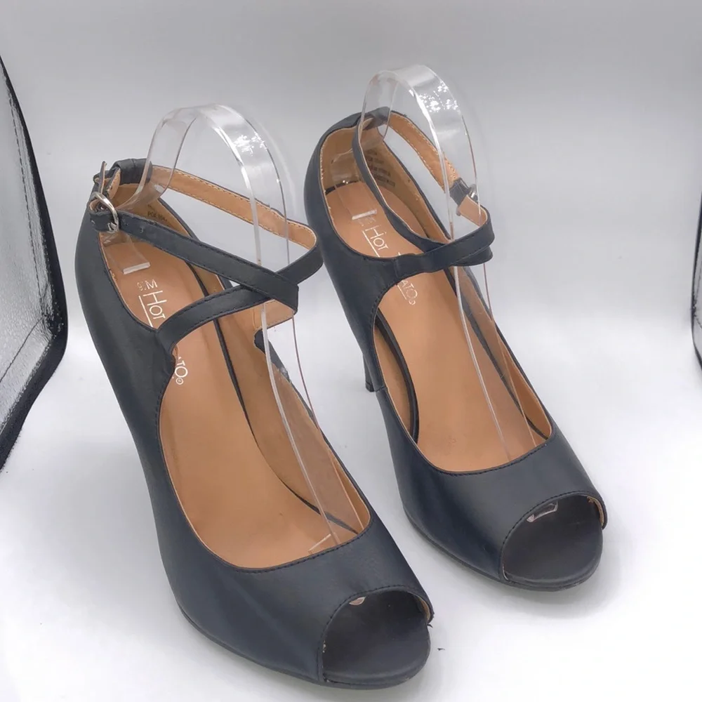 HOT TOMATO Stilettos Size 9.5 Peep Toe Ankle Strap Black - Picture 1 of 5